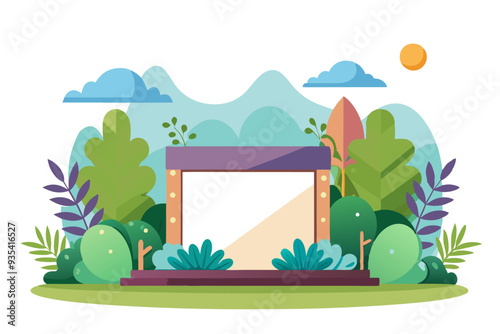 A Stage in a Lush Natural Setting with a Blank Canvas