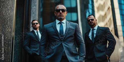 bodyguards in black suits, ties, and sunglasses photo