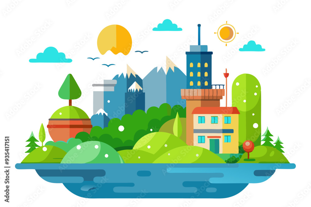 Fototapeta premium Flat Design Illustration of a Town by a Lake with Mountains in the Background