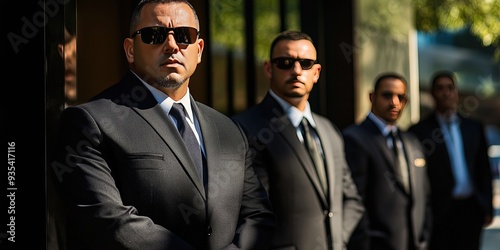 bodyguards in black suits, ties, and sunglasses