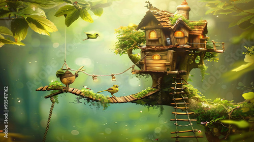 A whimsical treehouse construction in a dense forest, with wooden planks, rope ladders, and small cranes, surrounded by vibrant foliage photo