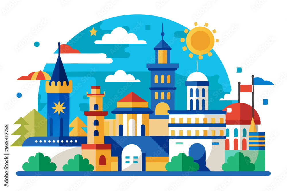 Obraz premium Colorful cityscape with tall buildings, sun, and clouds