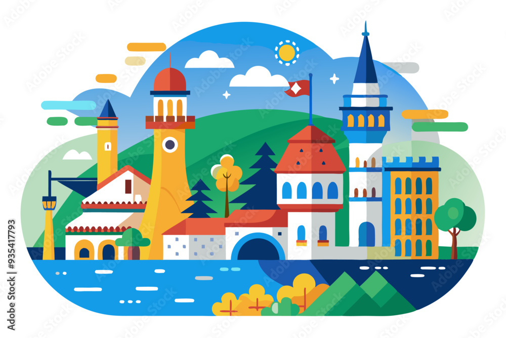 Fototapeta premium Colorful Cityscape with Towers, Buildings, and Water