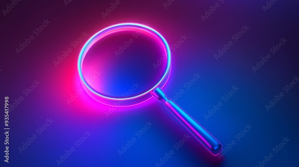 A blue and purple magnifying glass is lit up with neon colors A blue and purple magnifying glass is lit up with neon colors
