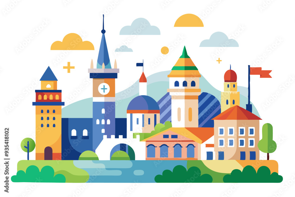 Fototapeta premium Colorful Cartoon Cityscape with Buildings, River, and Trees