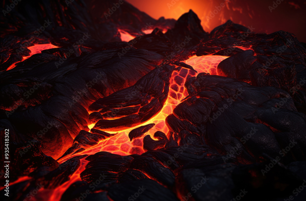 Fototapeta premium Lava Flows on active volcano. Hot lava and magma coming out of the crater