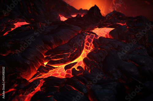 Lava Flows on active volcano. Hot lava and magma coming out of the crater photo