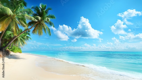 Panoramic view of a tropical beach under a bright blue sky, clear turquoise water meeting soft white sand, tall palm trees swaying gently in the breeze