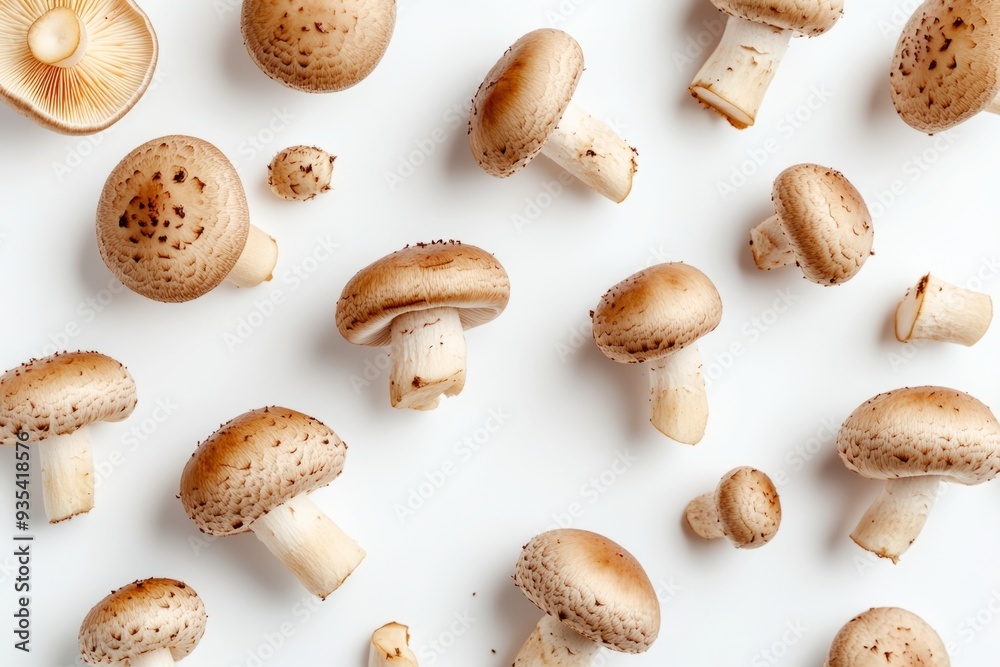 A collection of beautiful mushrooms scattered on a clean surface. Perfect for food photography or nature themes. Showcasing earthy tones and textures. Generative AI A collection of beautiful mushrooms scattered on a clean surface. Perfect for food photography or nature themes. Showcasing earthy tones and textures. Generative AI