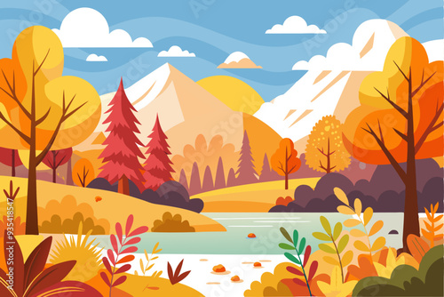 Autumnal Landscape with River and Mountains