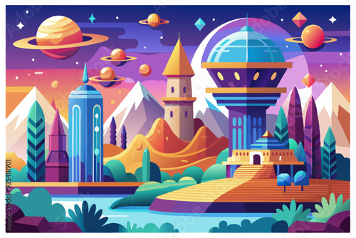 A Futuristic Cityscape with Towers and Planets in a Night Sky