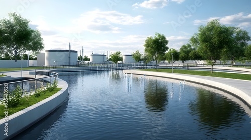 73. 3D depiction of a water treatment facility with waste contamination and management issues, isolated on a pristine backdrop