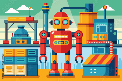 A robot is standing in front of a factory ready for production to begin