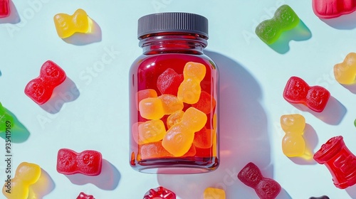 A bottle of colorful gummy chewable supplements surrounded by scattered gummies on a light blue background. photo