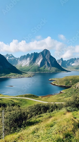 Stunning Lofoten Islands with Green Hills, Blue Waters, and Snowy Peaks