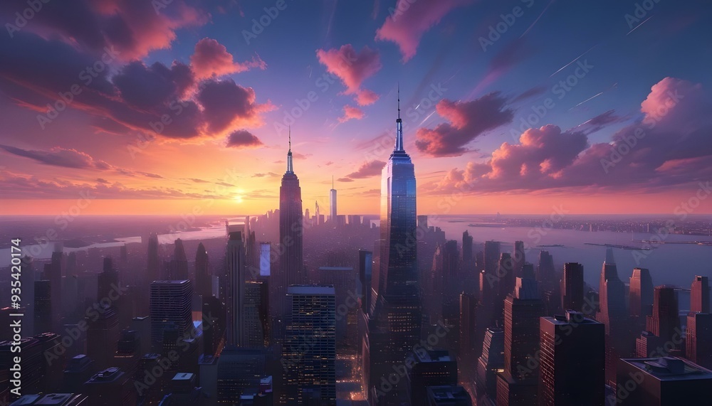 New York skycraper at sunset, USA. New York skycraper at sunset, USA.