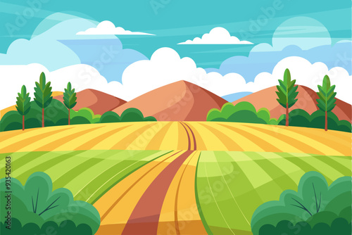 A winding dirt road leads through a vibrant green and yellow field, surrounded by rolling hills and a blue sky with fluffy clouds.