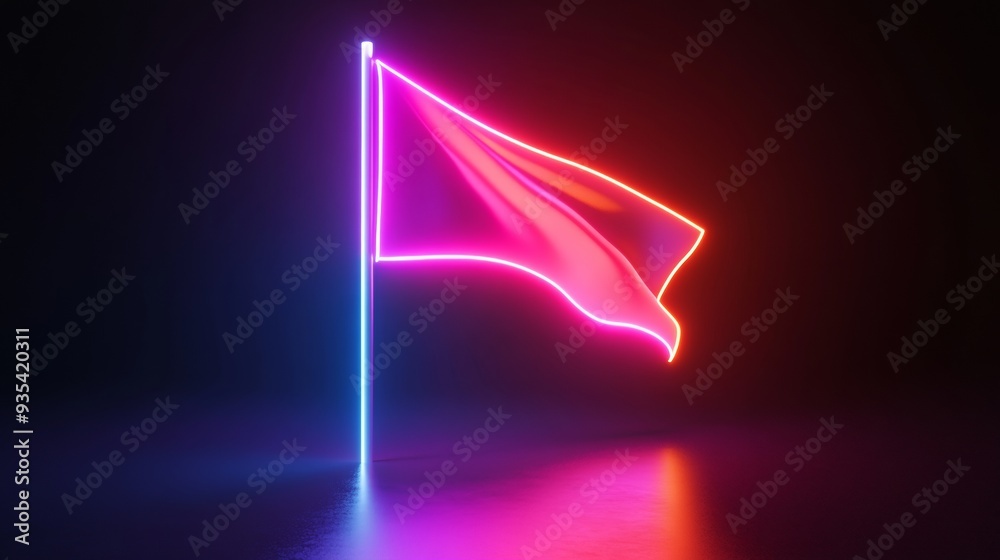 A flag with neon lights is lit up in a dark room A flag with neon lights is lit up in a dark room