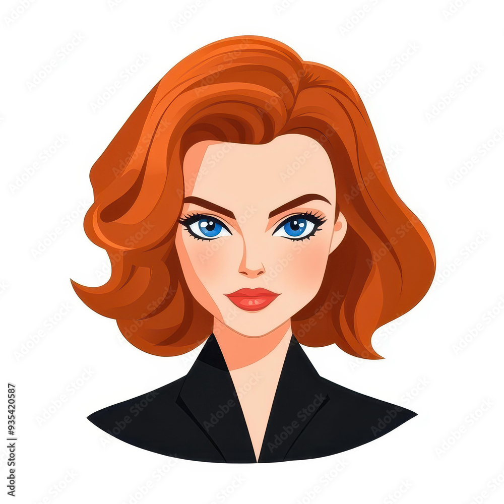 Cartoonify an intelligent woman, , with refined style, short wavy red hair, auburn highlights, and striking blue eyes. Cartoonify an intelligent woman, , with refined style, short wavy red hair, auburn highlights, and striking blue eyes.