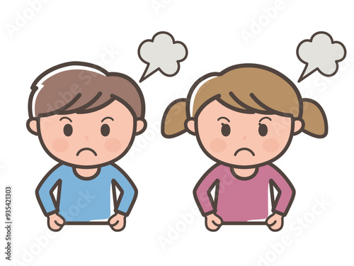 怒っている男の子と女の子の上半身イラスト（小学生、幼児、子供）