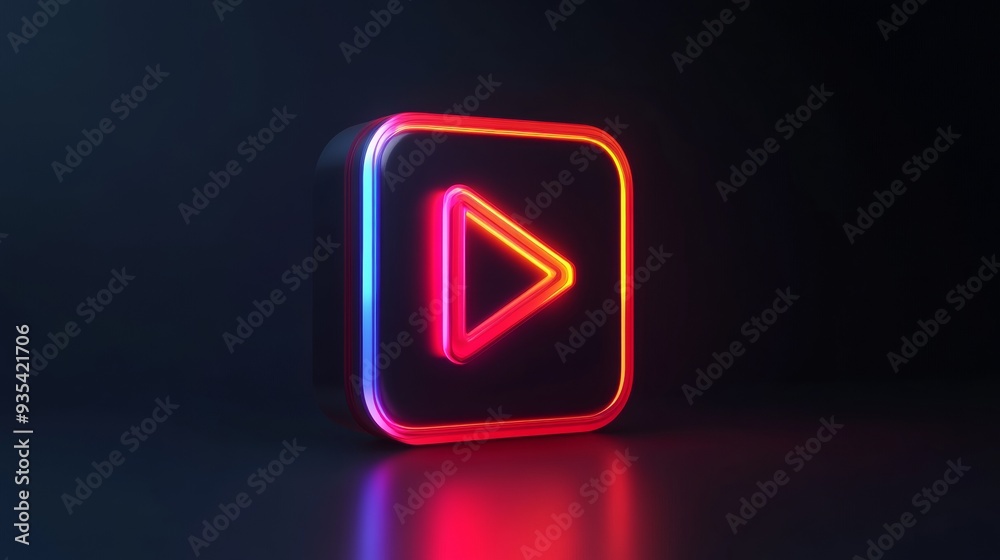A neon red square with a triangle pointing to the right A neon red square with a triangle pointing to the right