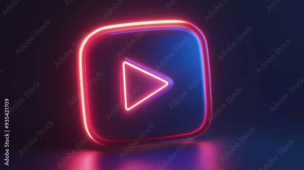 A neon red and blue square with a triangle pointing to the right A neon red and blue square with a triangle pointing to the right