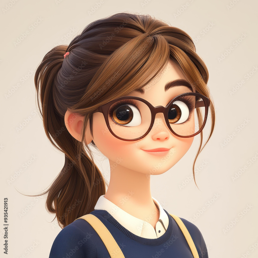 Fototapeta premium A charming cartoon girl with brown hair in a ponytail, depicted in stunning hyperdetailed realism. Perfect for villagecore themes