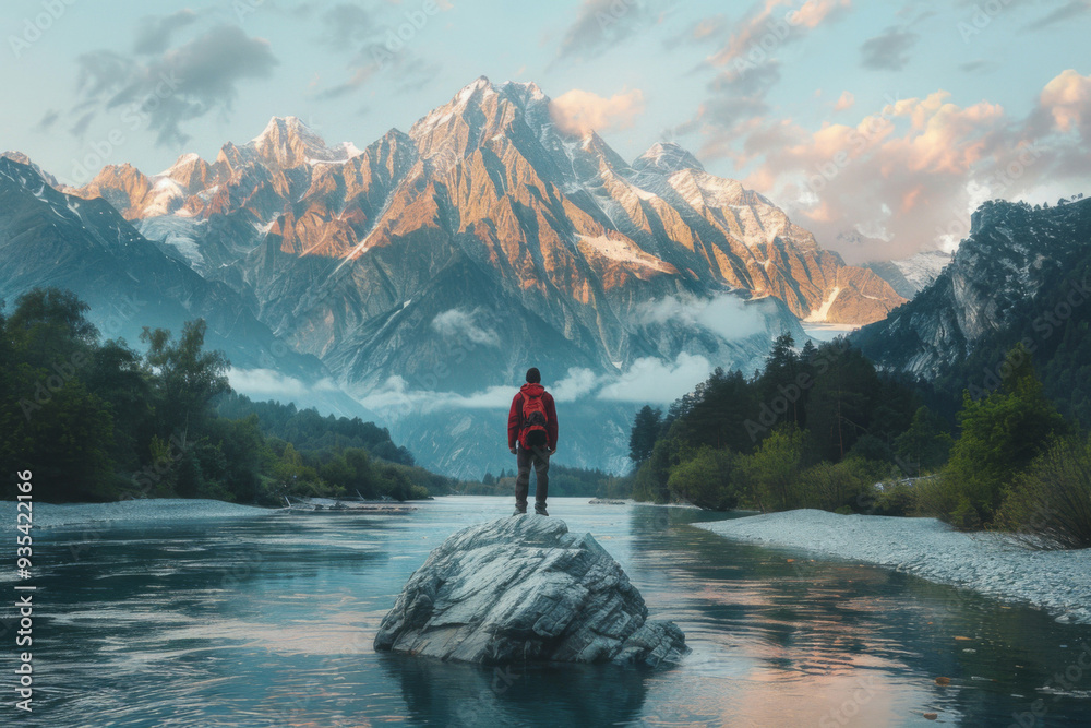 Lone traveler with backpack stands on rock, admiring misty mountain landscape at sunrise, capturing nature serene beauty, traveler back view