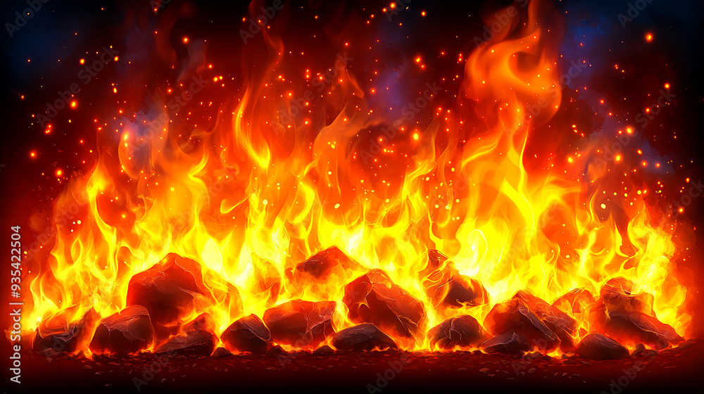 Flames dance over glowing coals in a vibrant display of fire at night in a dark environment Flames dance over glowing coals in a vibrant display of fire at night in a dark environment