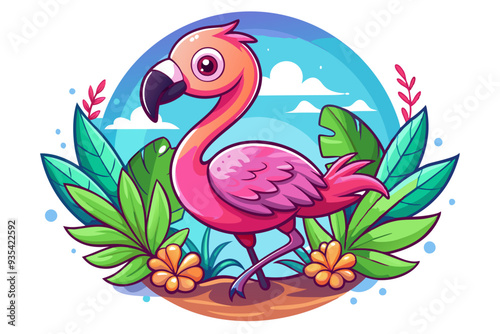 Pink Flamingo Standing in Tropical Landscape