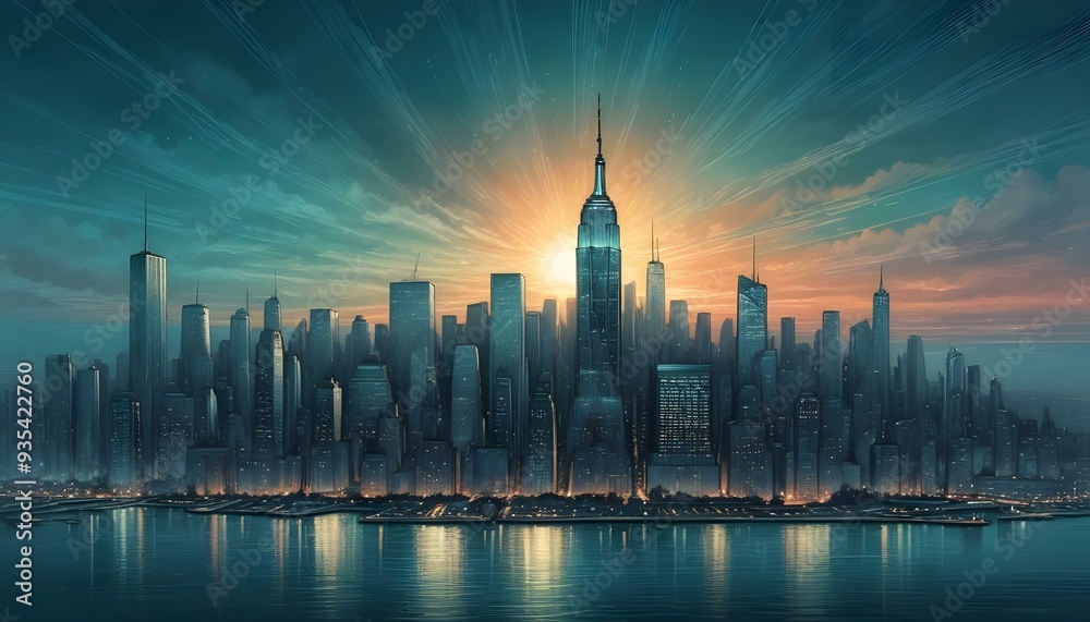 New York skycraper at sunset, USA. New York skycraper at sunset, USA.