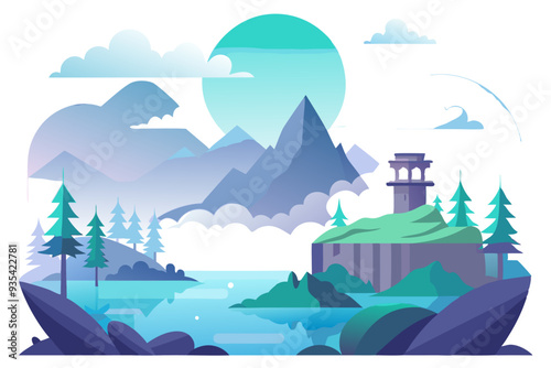 Mountainous Landscape with a Tower and a Lake