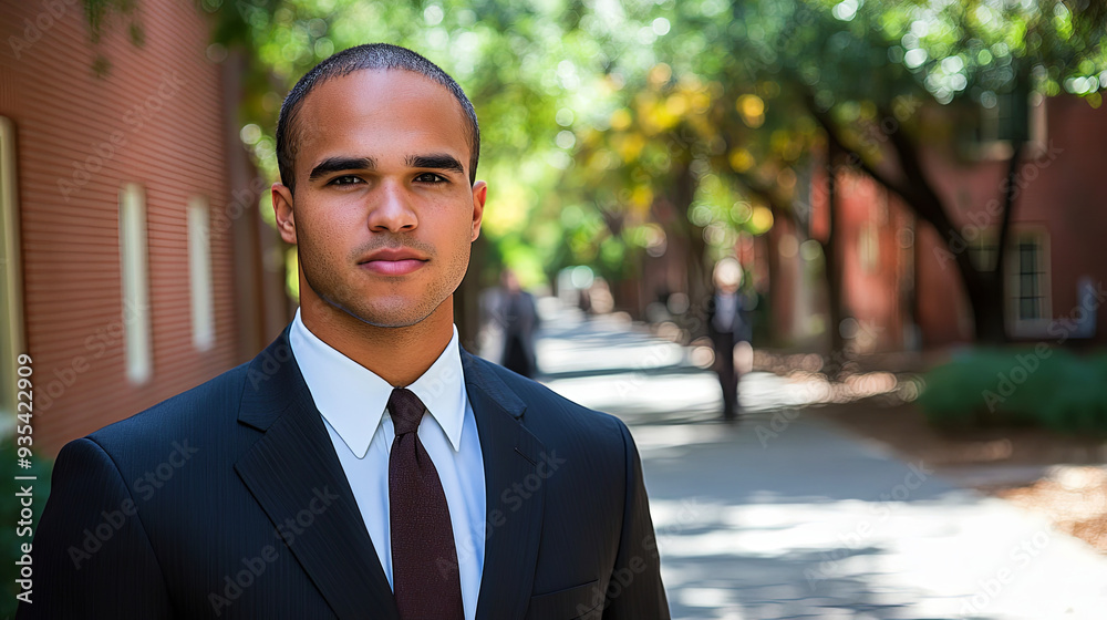 Young man in a suit stands confidently on a tree-lined university campus pathway during daytime Young man in a suit stands confidently on a tree-lined university campus pathway during daytime