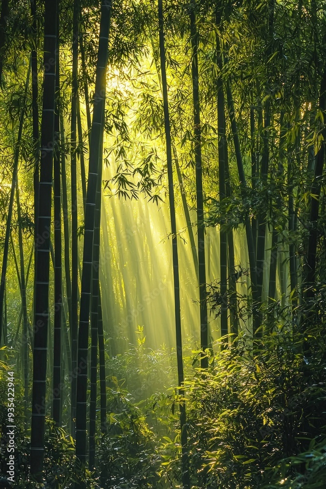 A dense bamboo forest with shafts of golden sunlight streaming through the tall, green stalks.
