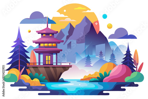Pagoda on a Cliff Overlooking a Mountainous Landscape