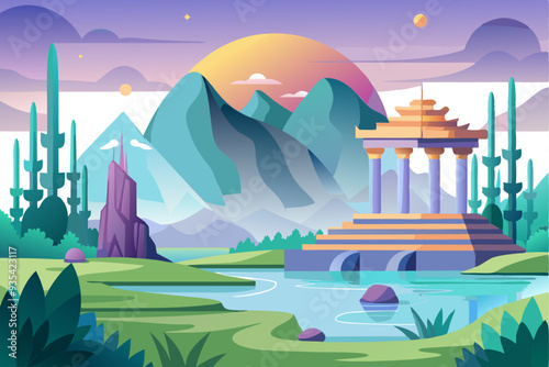 Ancient Temple in a Mountainous Landscape with a River
