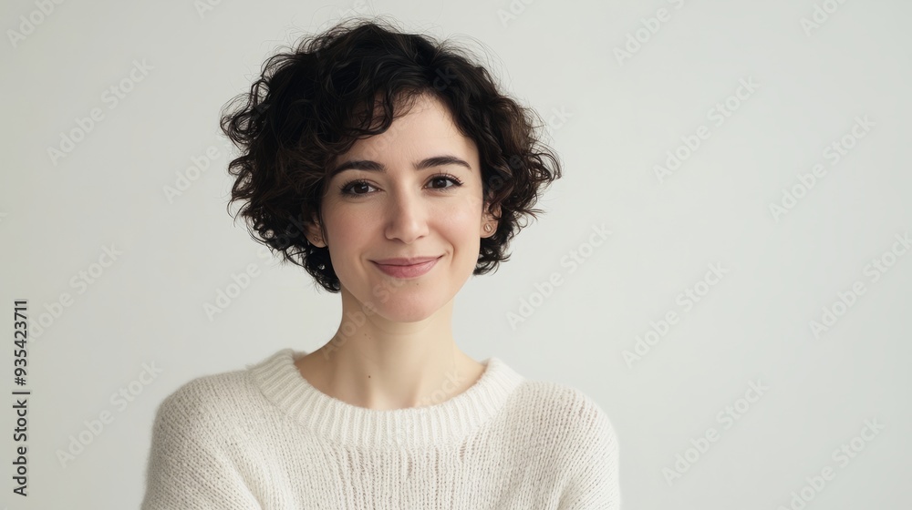 In front of a white background, the side face of a woman with short and curly hair hung a warm smile, exuding confidence and elegance. Her beauty and generosity convey a positive attitude towards life In front of a white background, the side face of a woman with short and curly hair hung a warm smile, exuding confidence and elegance. Her beauty and generosity convey a positive attitude towards life