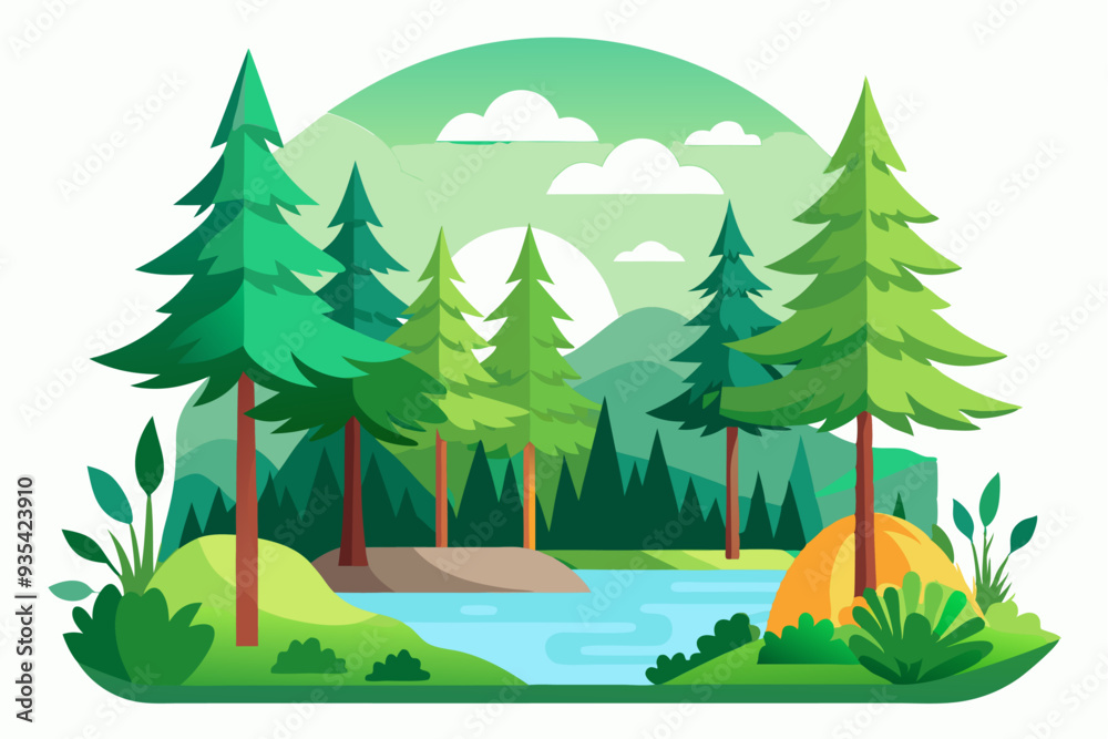 Obraz premium A Scenic Forest Landscape with a Stream and a Tent