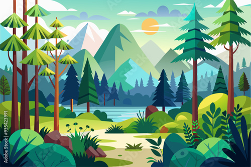 A picturesque scene of a forest with tall trees, mountains, and a river in the distance.