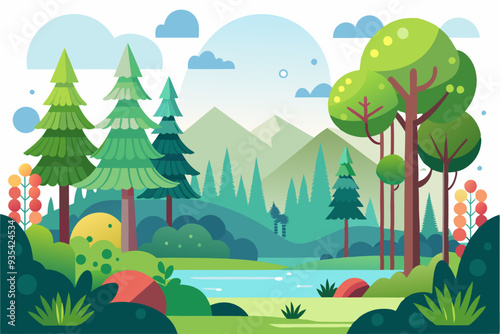 A Picturesque Forest Scene with a Winding River and Lush Trees