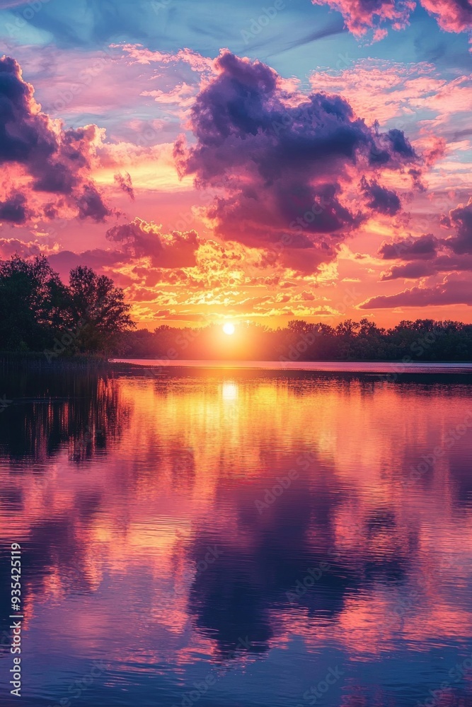 A dramatic sunset over a serene lake, the sky ablaze with hues of pink, orange, and purple, reflecting on the calm water. A dramatic sunset over a serene lake, the sky ablaze with hues of pink, orange, and purple, reflecting on the calm water.