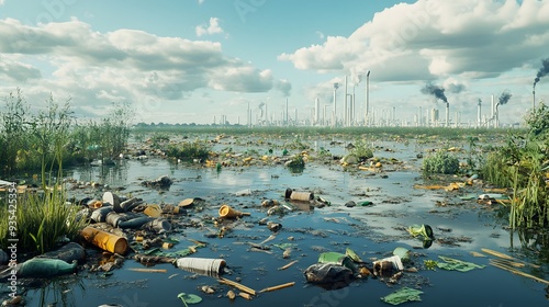 69. 3D depiction of a polluted wetland area with chemical contaminants and debris, isolated on a pristine backdrop photo