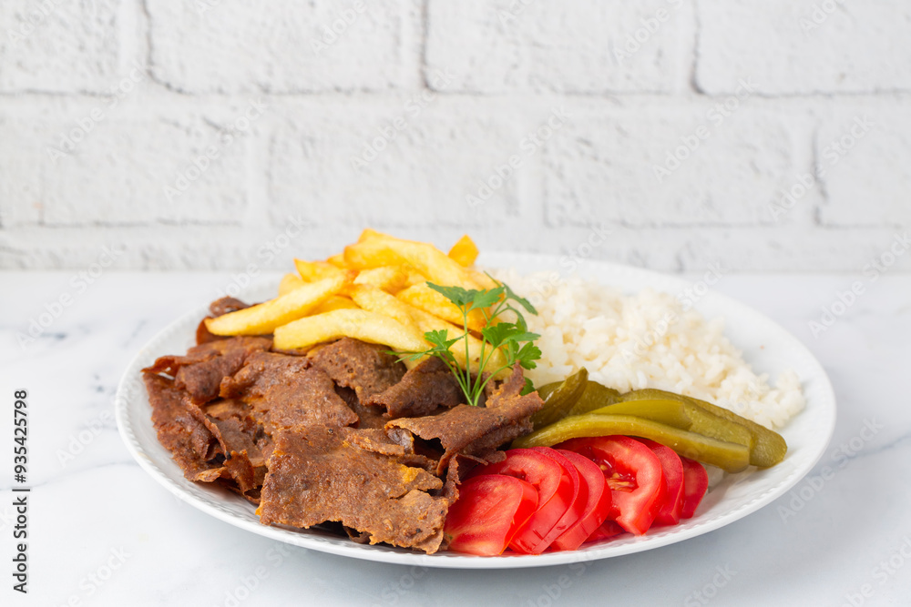 Meat doner menu, iskender menu on plate, turkish special meat doner, food, special menu (Turkish name; pilav üstü et doner)