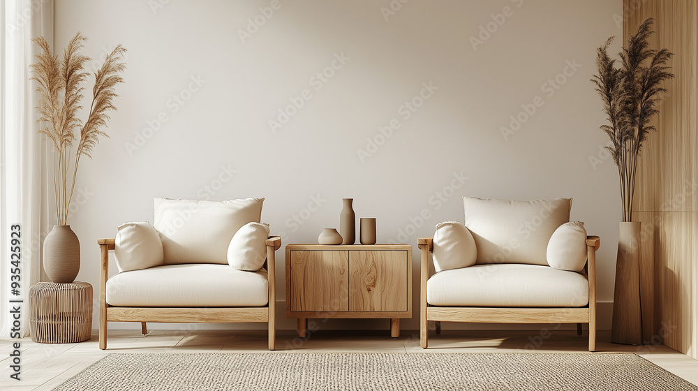 Minimalist Interior. Minimalist living room with neutral-toned furniture and natural decor elements. Minimalist Interior. Minimalist living room with neutral-toned furniture and natural decor elements.