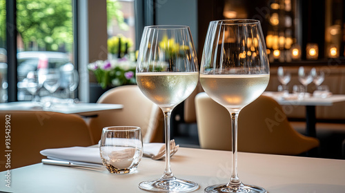 White wine glasses on a table in a modern restaurant with a view of greenery outside