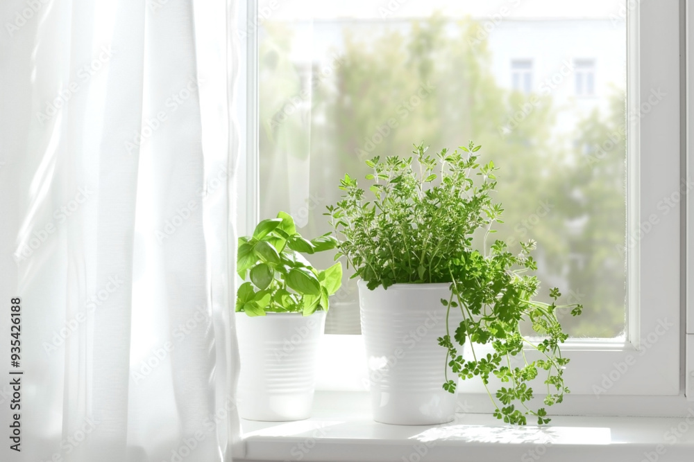 Fresh green herbs in white pots on a windowsill with sunlight streaming through sheer curtains