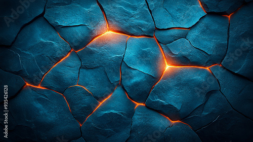 Glowing lava cracks on a dark volcanic rock surface in a surreal landscape at twilight