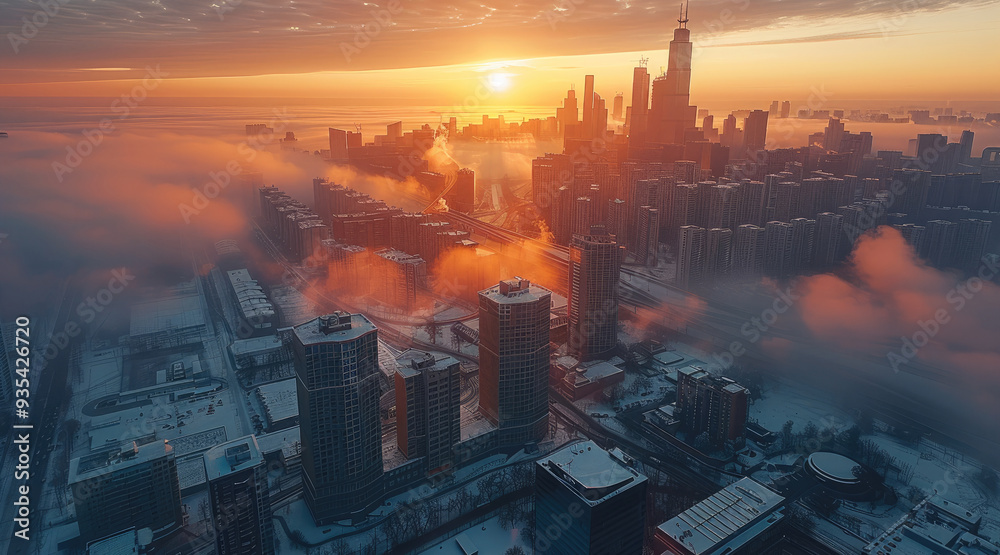 Fototapeta premium City view, sunrise. Aerial high view. Generative AI.