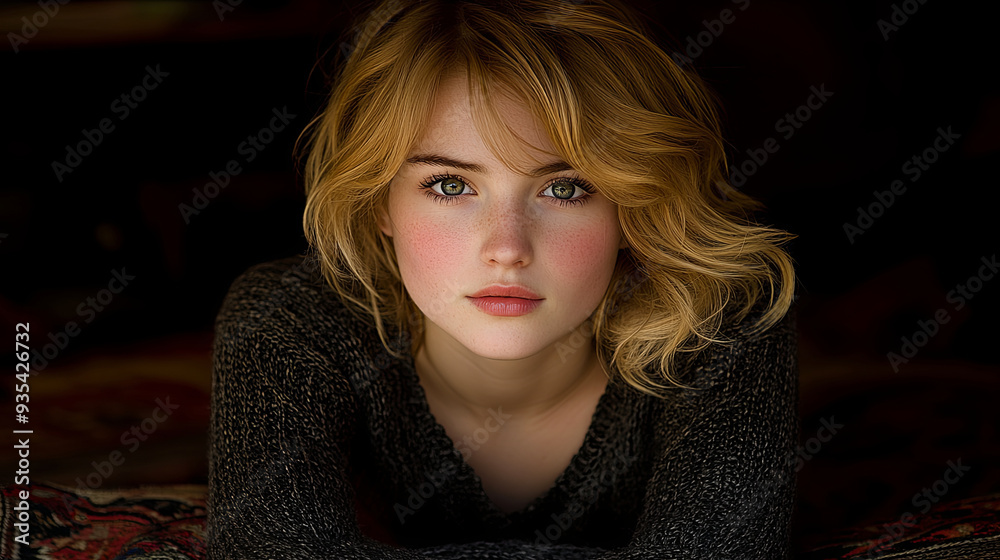 Young woman with blonde hair gazes directly at the camera in a dimly lit indoor setting during the evening Young woman with blonde hair gazes directly at the camera in a dimly lit indoor setting during the evening