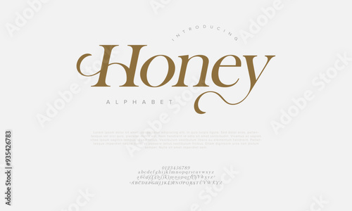 Honey swash luxury elegant alphabet letters and numbers. Vintage wedding typography classic serif font decorative vintage retro. creative vector illustration